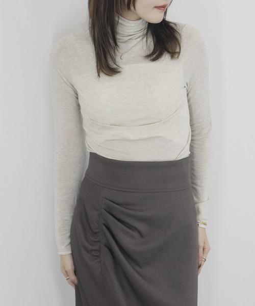 【ZOZO限定】ストレッチタートルトップ 長袖 ハイネック タイト シアー 透け感 シンプル きれいめ 大人カジュアル ノームコア ワンホン グレー ホワイト 白（Tシャツ/カットソー）｜Reurie'（レウリィ）