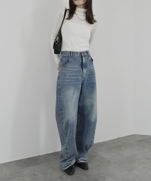 【ZOZO限定】ストレッチタートルトップ 長袖 ハイネック タイト シアー 透け感 シンプル きれいめ 大人カジュアル ノームコア ワンホン グレー ホワイト 白（Tシャツ/カットソー）｜Reurie'（レウリィ）