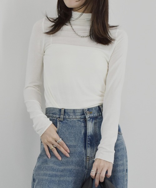 【ZOZO限定】ストレッチタートルトップ 長袖 ハイネック タイト シアー 透け感 シンプル きれいめ 大人カジュアル ノームコア ワンホン グレー ホワイト 白（Tシャツ/カットソー）｜Reurie'（レウリィ）