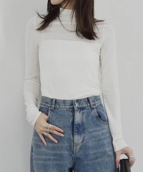 【ZOZO限定】ストレッチタートルトップ 長袖 ハイネック タイト シアー 透け感 シンプル きれいめ 大人カジュアル ノームコア ワンホン グレー ホワイト 白（Tシャツ/カットソー）｜Reurie'（レウリィ）