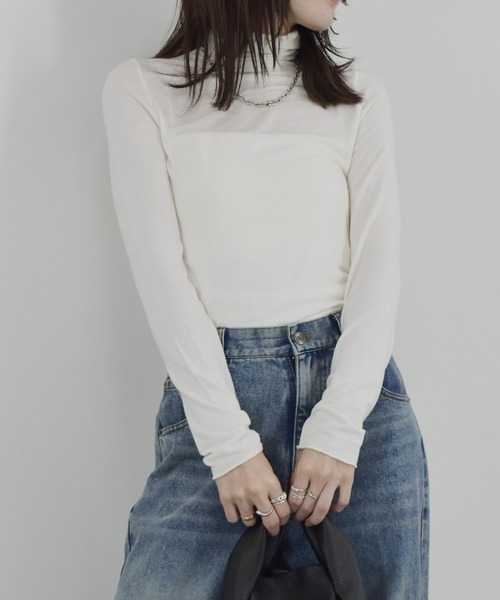 【ZOZO限定】ストレッチタートルトップ 長袖 ハイネック タイト シアー 透け感 シンプル きれいめ 大人カジュアル ノームコア ワンホン グレー ホワイト 白（Tシャツ/カットソー）｜Reurie'（レウリィ）