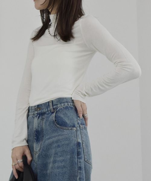 【ZOZO限定】ストレッチタートルトップ 長袖 ハイネック タイト シアー 透け感 シンプル きれいめ 大人カジュアル ノームコア ワンホン グレー ホワイト 白（Tシャツ/カットソー）｜Reurie'（レウリィ）