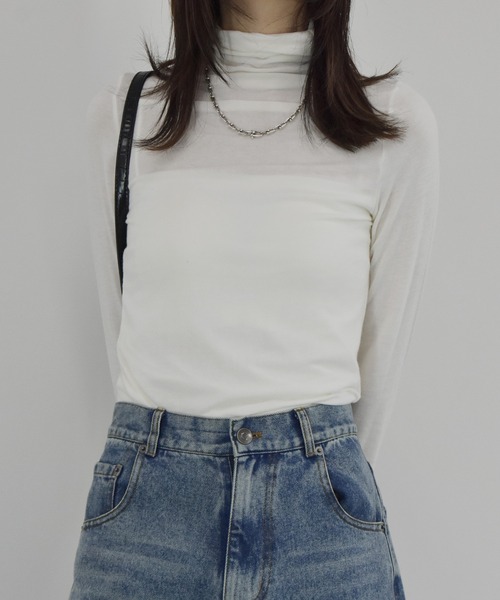 【ZOZO限定】ストレッチタートルトップ 長袖 ハイネック タイト シアー 透け感 シンプル きれいめ 大人カジュアル ノームコア ワンホン グレー ホワイト 白（Tシャツ/カットソー）｜Reurie'（レウリィ）