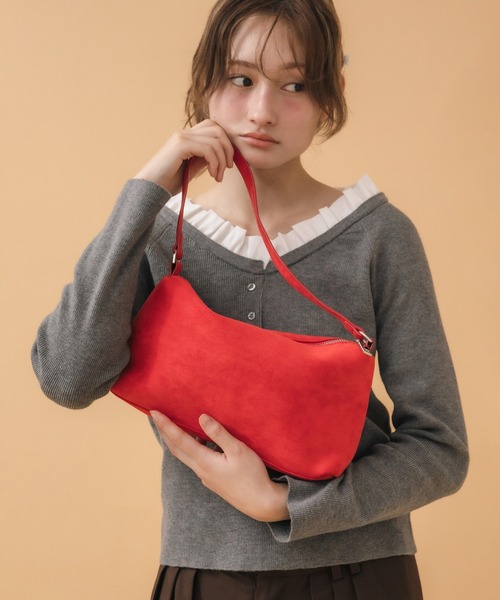 レッド スエード バックパック バンブーハンドル レディース レッド スエード レザー ロープ ショルダー バケット