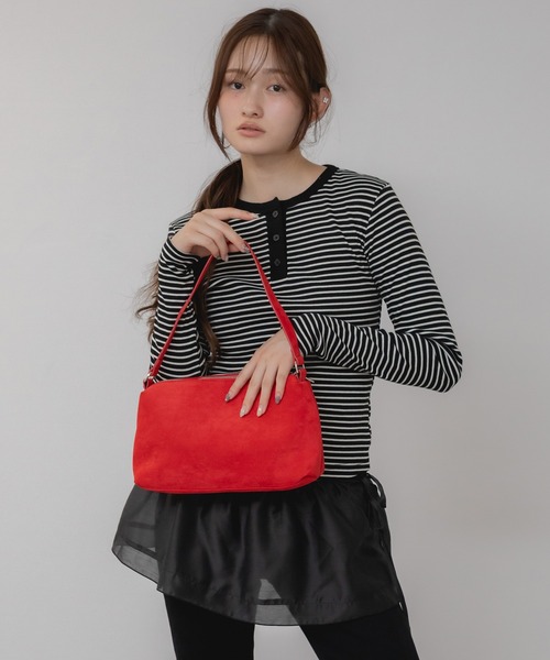 レッド スエード バックパック バンブーハンドル レディース レッド スエード レザー ロープ ショルダー バケット