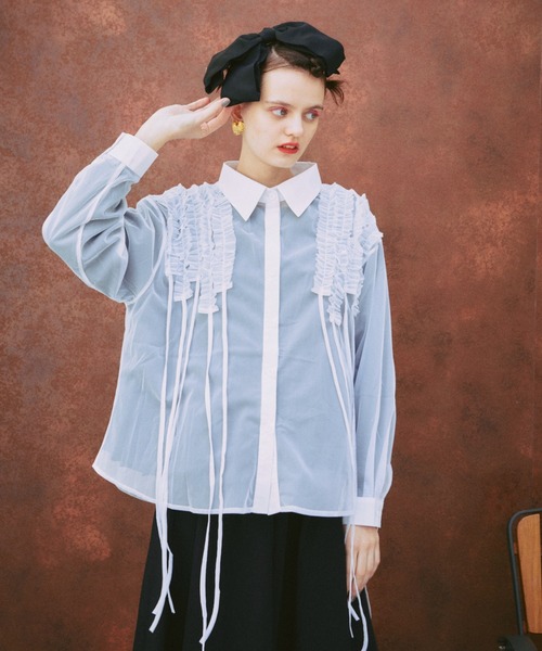 manana suerte（マニャーナスエルテ）の「シアーフリルシャツ（シャツ/ブラウス・レディース・ブラック/イエロー/ホワイト/ピンク・FREE）」の5枚目の写真