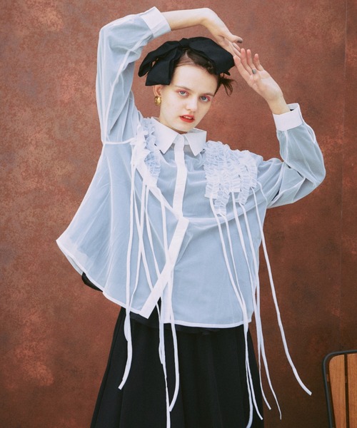 manana suerte（マニャーナスエルテ）の「シアーフリルシャツ（シャツ/ブラウス・レディース・ブラック/イエロー/ホワイト/ピンク・FREE）」の6枚目の写真