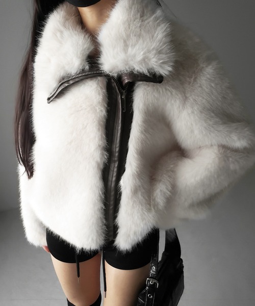 新色追加／2WAY 】ジップアップレザードッキングフェイクファーコート