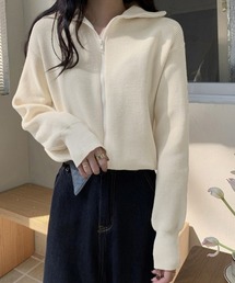 韓国 トレンド ジップアップ ニット カーディガン ジャケット ジップアップニット セーラーカラー 配色ライン ニット