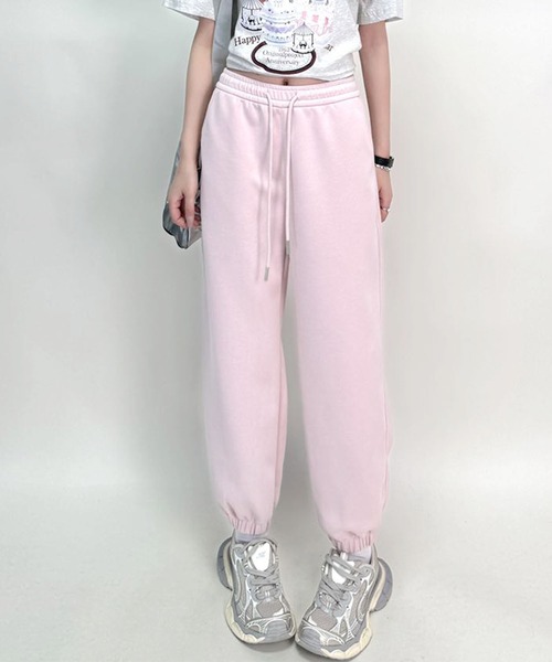 aimoha（アイモハ）の「ドローストリングデザインワイドパンツ（スウェットパンツ・レディース・ブラック/ライトグレー/ピンク/グレー/イエロー/スモークピンク・MEDIUM/LARGE）」の5枚目の写真