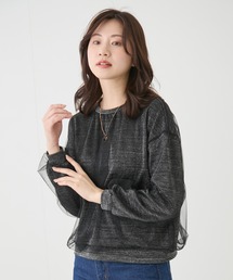 tシャツ ドットチュール重ねプルオーバー レディース チュール重ね箔プリントロングTシャツ カットソー レディース