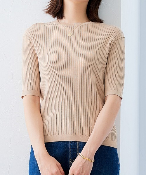 7days Life Styling(セブンデイズライフスタイリング)の「【接触冷感/UVカット】5分袖クルーネックニット <アンサンブル対応>(ニット/セーター・レディース・ブルーグレー/ブラック/杢グレー/ベージュ・S/M/L/LL/3L/4L/5L)」の1枚目の写真
