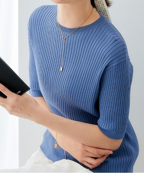 7days Life Styling(セブンデイズライフスタイリング)の「【接触冷感/UVカット】5分袖クルーネックニット <アンサンブル対応>(ニット/セーター・レディース・ブルーグレー/ブラック/杢グレー/ベージュ・S/M/L/LL/3L/4L/5L)」の3枚目の写真