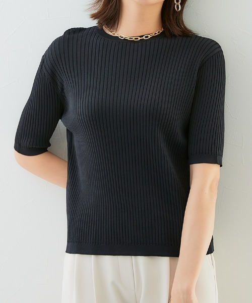 7days Life Styling(セブンデイズライフスタイリング)の「【接触冷感/UVカット】5分袖クルーネックニット <アンサンブル対応>(ニット/セーター・レディース・ブルーグレー/ブラック/杢グレー/ベージュ・S/M/L/LL/3L/4L/5L)」の2枚目の写真