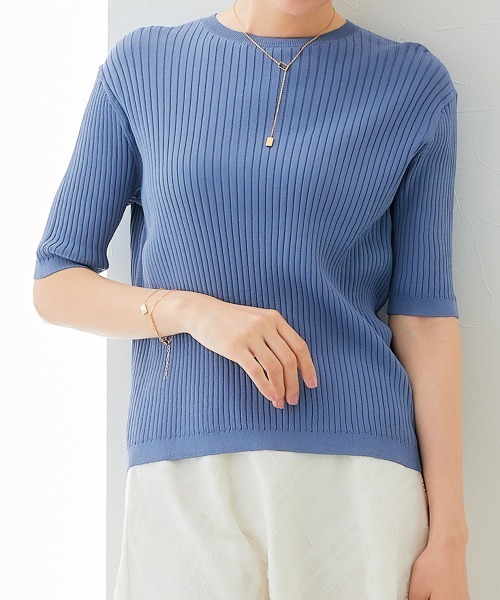 7days Life Styling(セブンデイズライフスタイリング)の「【接触冷感/UVカット】5分袖クルーネックニット <アンサンブル対応>(ニット/セーター・レディース・ブルーグレー/ブラック/杢グレー/ベージュ・S/M/L/LL/3L/4L/5L)」の14枚目の写真