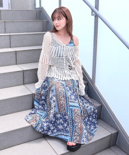 かぎ針編みニット長袖トップス＆キャミワンピSET（ワンピース