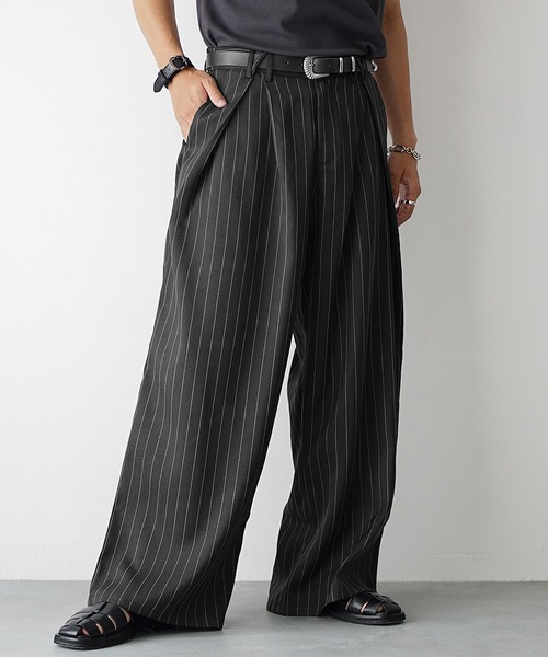 MinoriTY】シャドウストライプダブルタックバギースラックスワイド