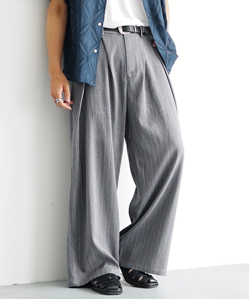 セール】【MinoriTY】シャドウストライプダブルタックバギースラックス