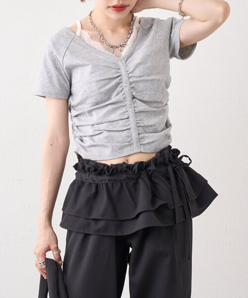 w closet(ダブルクローゼット)の「レースキャミレイヤードT(Tシャツ/カットソー・レディース・ブラック/グレー/オフホワイト/パープル・FREE)」の2枚目の写真