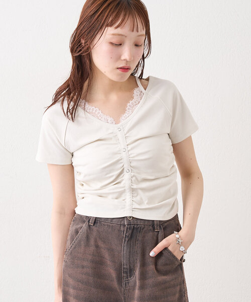 w closet(ダブルクローゼット)の「レースキャミレイヤードT(Tシャツ/カットソー・レディース・ブラック/グレー/オフホワイト/パープル・FREE)」の1枚目の写真