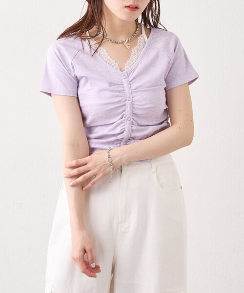 w closet(ダブルクローゼット)の「レースキャミレイヤードT(Tシャツ/カットソー・レディース・ブラック/グレー/オフホワイト/パープル・FREE)」の19枚目の写真