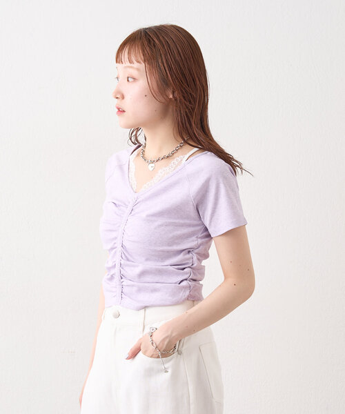 w closet(ダブルクローゼット)の「レースキャミレイヤードT(Tシャツ/カットソー・レディース・ブラック/グレー/オフホワイト/パープル・FREE)」の16枚目の写真