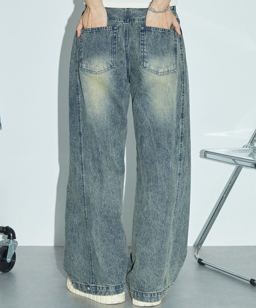 Anchor Smith(アンカー スミス)の「2WAY ヴィンテージ加工 ラインストーン ワイドバレルデニムパンツ(デニムパンツ・レディース・サックスブルー/ブラック/ブルー・S/L/M)」の6枚目の写真