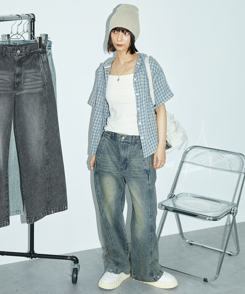 Anchor Smith(アンカー スミス)の「2WAY ヴィンテージ加工 ラインストーン ワイドバレルデニムパンツ(デニムパンツ・レディース・サックスブルー/ブラック/ブルー・S/L/M)」の5枚目の写真