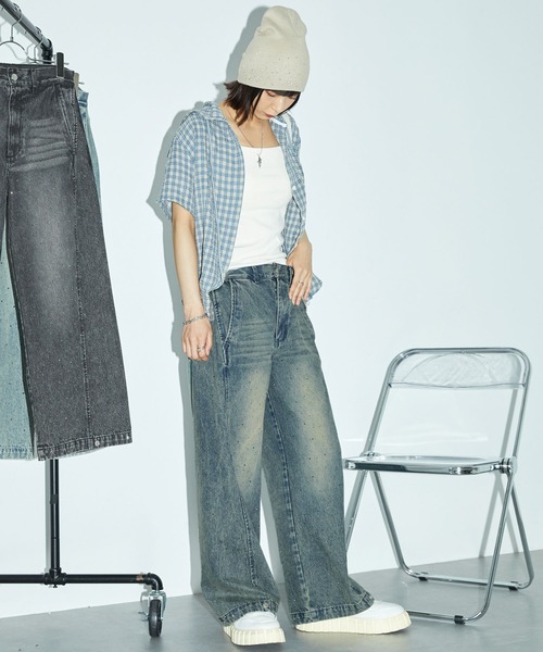 Anchor Smith(アンカー スミス)の「2WAY ヴィンテージ加工 ラインストーン ワイドバレルデニムパンツ(デニムパンツ・レディース・サックスブルー/ブラック/ブルー・S/L/M)」の4枚目の写真