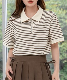 DAY CLOSET | レディース ゆる可愛いオーバーサイズ。半袖ボーダー柄ハーフジップポロシャツ(Tシャツ/カットソー)