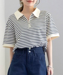 DAY CLOSET | レディース ゆる可愛いオーバーサイズ。半袖ボーダー柄ハーフジップポロシャツ(Tシャツ/カットソー)