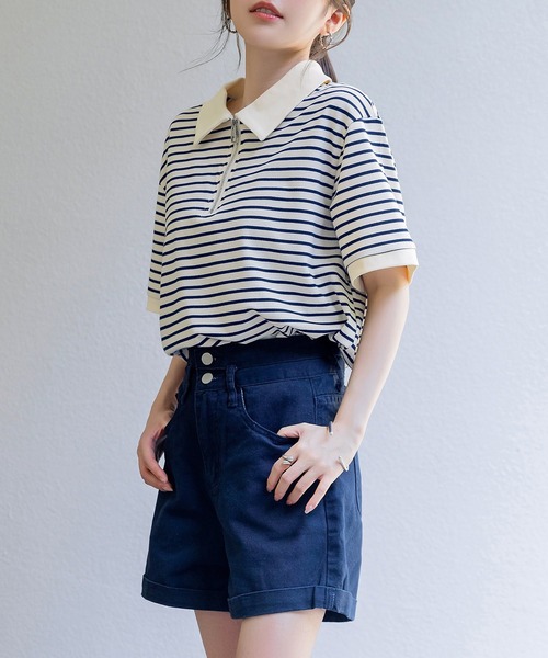 tシャツ ボーダーハーフジッププルオーバー レディース レディース ゆる可愛いオーバーサイズ。半袖ボーダー柄ハーフ