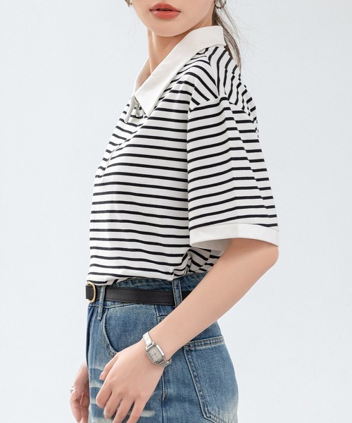 tシャツ ボーダーハーフジッププルオーバー レディース レディース ゆる可愛いオーバーサイズ。半袖ボーダー柄ハーフ