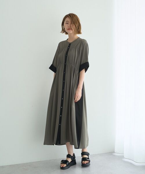 Editt by YECCA VECCA（エディットバイイェッカヴェッカ）の「ギャザー配色ワンピース（ワンピース・レディース・ブラック/グリーン/カーキ・FREE）」の7枚目の写真