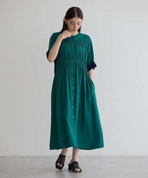 Editt by YECCA VECCA（エディットバイイェッカヴェッカ）の「ギャザー配色ワンピース（ワンピース・レディース・ブラック/グリーン/カーキ・FREE）」の14枚目の写真