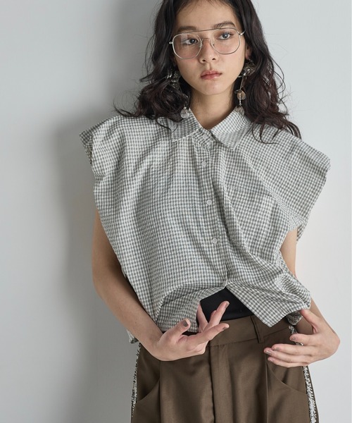 パフショルダークロップドチェックシャツ