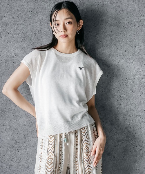 mili an deni（ミリアンデニ）の「バンダナスカーフ付き半袖ニットトップス（ニット/セーター・レディース・ネイビー/オフホワイト/グレー・M）」の9枚目の写真