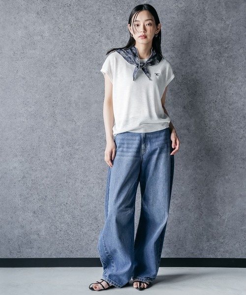 mili an deni（ミリアンデニ）の「バンダナスカーフ付き半袖ニットトップス（ニット/セーター・レディース・ネイビー/オフホワイト/グレー・M）」の14枚目の写真