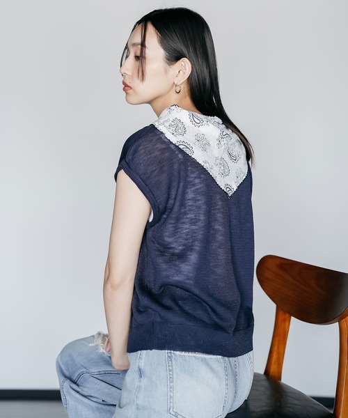 mili an deni（ミリアンデニ）の「バンダナスカーフ付き半袖ニットトップス（ニット/セーター・レディース・ネイビー/オフホワイト/グレー・M）」の10枚目の写真
