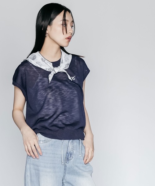 mili an deni（ミリアンデニ）の「バンダナスカーフ付き半袖ニットトップス（ニット/セーター・レディース・ネイビー/オフホワイト/グレー・M）」の15枚目の写真