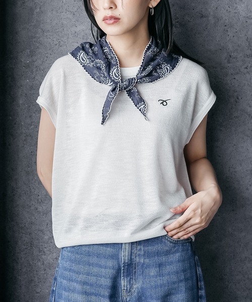 mili an deni（ミリアンデニ）の「バンダナスカーフ付き半袖ニットトップス（ニット/セーター・レディース・ネイビー/オフホワイト/グレー・M）」の18枚目の写真