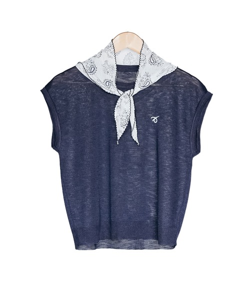 mili an deni（ミリアンデニ）の「バンダナスカーフ付き半袖ニットトップス（ニット/セーター・レディース・ネイビー/オフホワイト/グレー・M）」の16枚目の写真