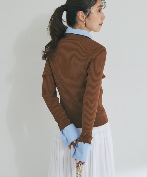 La boutique BonBon（ラブティックボンボン）の「布帛コンビリブニットカーディガン（ニット/セーター・レディース・ネイビー/ブラウン・FREE）」の4枚目の写真