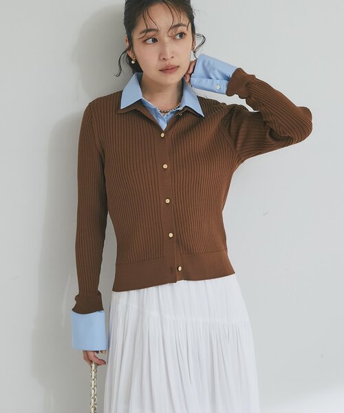 La boutique BonBon（ラブティックボンボン）の「布帛コンビリブニットカーディガン（ニット/セーター・レディース・ネイビー/ブラウン・FREE）」の5枚目の写真