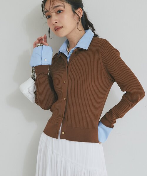 La boutique BonBon（ラブティックボンボン）の「布帛コンビリブニットカーディガン（ニット/セーター・レディース・ネイビー/ブラウン・FREE）」の6枚目の写真