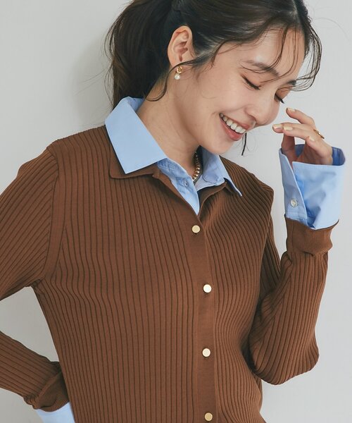 La boutique BonBon（ラブティックボンボン）の「布帛コンビリブニットカーディガン（ニット/セーター・レディース・ネイビー/ブラウン・FREE）」の7枚目の写真