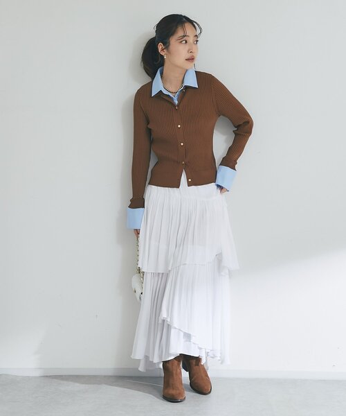 La boutique BonBon（ラブティックボンボン）の「布帛コンビリブニットカーディガン（ニット/セーター・レディース・ネイビー/ブラウン・FREE）」の11枚目の写真