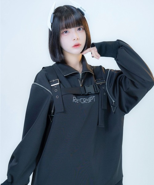 Re:CRYPT(リクリプト)の「2WAYハーネス ハーフジップスウェット / 裏毛 オーバーサイズ フロントロゴ(スウェット・レディース・ブラック・F)」の1枚目の写真