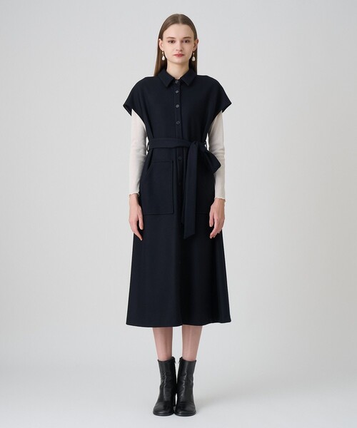 ANAYI(アナイ)の「圧縮スムースシャツジレ ワンピース(シャツワンピース・レディース・ネイビー/オフホワイト・38/36)」の3枚目の写真