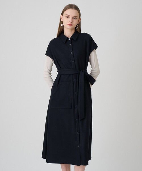 ANAYI(アナイ)の「圧縮スムースシャツジレ ワンピース(シャツワンピース・レディース・ネイビー/オフホワイト・38/36)」の6枚目の写真